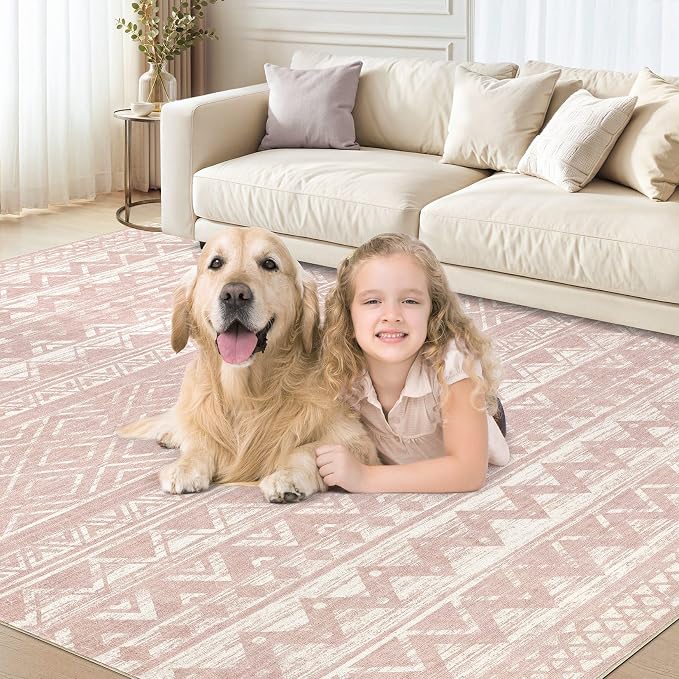 cotiled 10x14 Area Rugs Living Room Rug: Washable Boho Rugs with Non Slip Backing Large Soft Indoor Stain Resistant Carpet for Bedroom Farmhouse Dining Room Lightweight Home Decor Lotus Pink