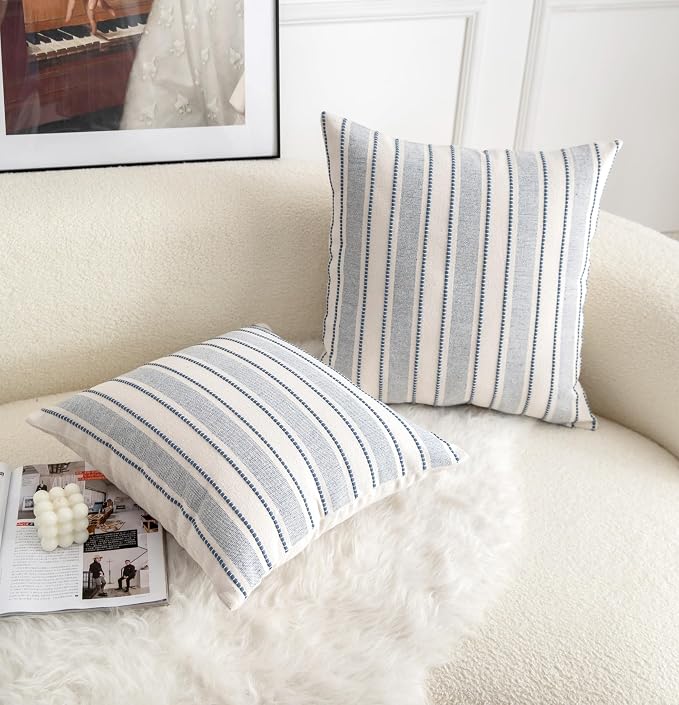 Cethom Decorative Boho Throw Pillow Covers, Farmhouse Textured Pillow Case, 18 x 18 Inch Set of 2, Chair Sofa Bedroom Living Room Home Decor Couch Cushion Case, Classic Blue and Beige Striped