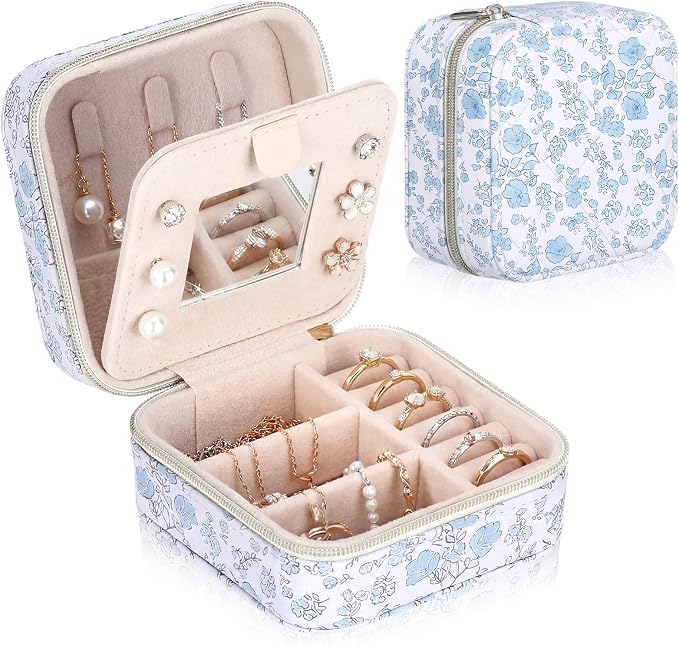 Blue Floral Travel Jewelry Case Quilted Small Jewelry Organizers and Storage Box Gifts with Mirror for Women Girls to Organize Rings, Necklaces Earrings Bracelet Little Accessories Holder