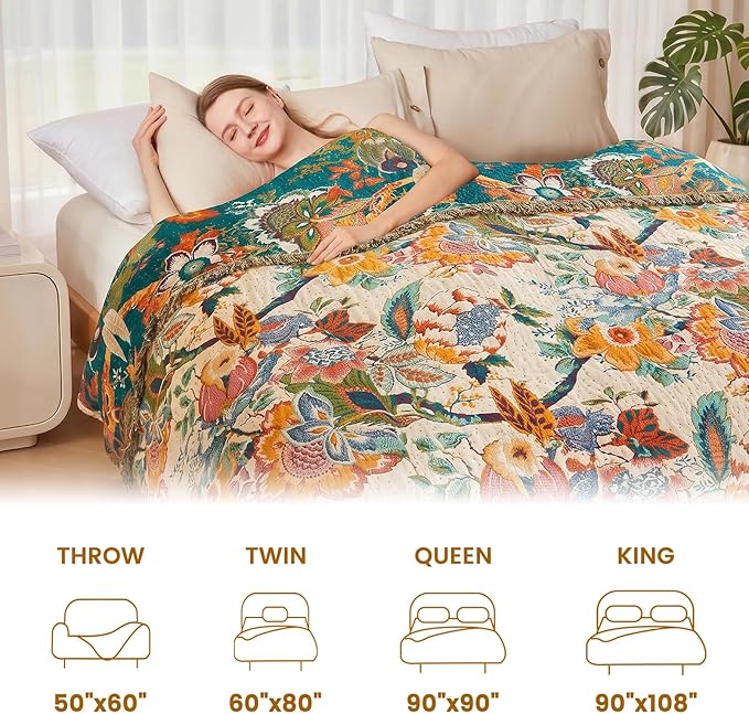 MSGKV Boho Throw Blanket 50"x60" 100% Cotton Ocean Blanket for Couch | Muslin Throw, Ocean Pattern, Reversible Woven, Lightweight Comfort, Farmhouse Decor, All Seasons, Machine Washable