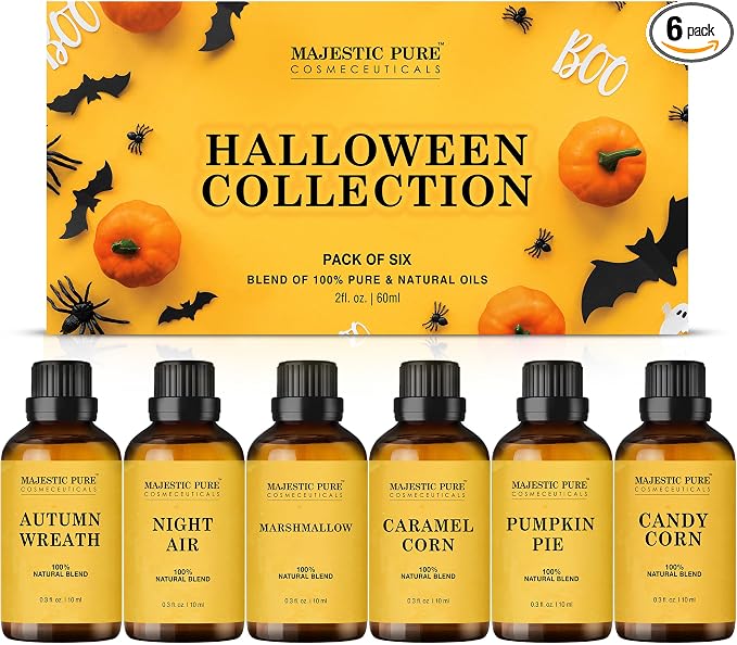 MAJESTIC PURE Essential Oil Blends Gift Set, 100% Pure & Natural Halloween Collection - Autumn Wreath, Pumpkin Pie, Candy Corn, Marshmallow, Night Air, Caramel Corn - 2 Fl oz