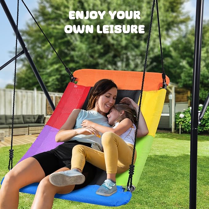 Trekassy Swing Sets for Backyard, 440lbs Heavy Duty A-Frame Metal Stand with 60" Large Platform Swing for Outdoor Playground Park (Black Frame + Rainbow Swing)（Patented）