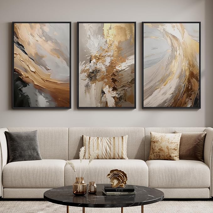 Large Framed Neutral Abstract Wall Art for Living Room, 3 Piece Modern Canvas Prints Paintings Artwork for Walls, Oversized Beige Gold Pictures for Hallway Dining Bedroom Office Wall Decor 24x36 In