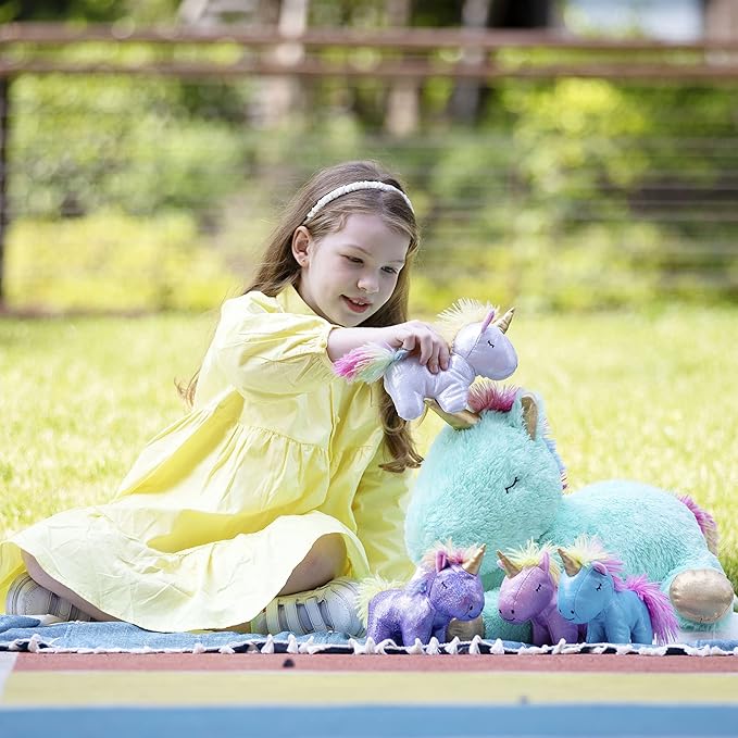 Tezituor 24 Inches Green Unicorn Plush Toy Set for Girls,4 Colorful Unicorns in Mommy Unicorn’s Belly,Unique Stuffed Unicorns Gifts for Children.
