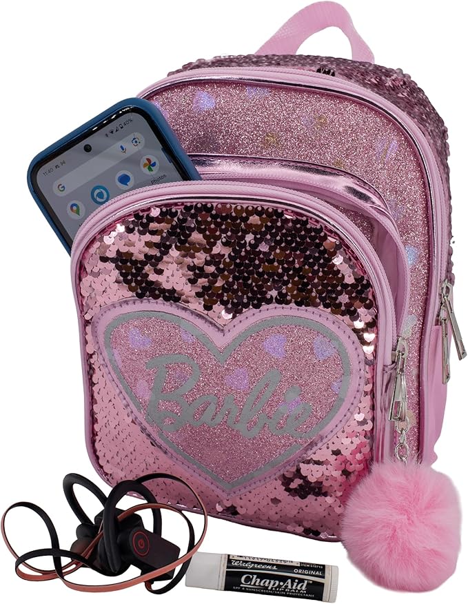 AI ACCESSORY INNOVATIONS Barbie 9” Micro Mini Backpack Purse Featuring a 3D Heat Logo Patch, Sequins & Glitter PU, & Pompom Dangle, Pink