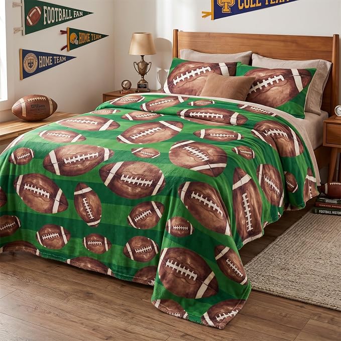 Horaldaily Football Green Flannel Throw Blanket 50x60 | All Season Using Ultra Soft Fuzzy Plush Cozy Non-shedding Blanket for Couch Sofa Bed Camping, Ideal Gift for Kids Adults
