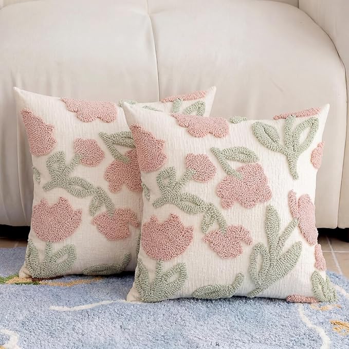 Premium Chenille Embroidered Throw Pillow Covers 20x20 Set of 2, Thick 3D Tufted Pink Floral Decorative Cushion Covers with Hidden Zipper for Couch Sofa Bed Living Room Boho Home Decor