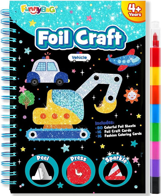 FUNNYB&G Foil Art Crafts for Kids Ages 4-8: Valentines Crafts for Kids 2026,Birthday Gift for Girls,Art and Crafts Supplies,Party Favors,Creative Toys for Girls Boys 4 5 6 7 8 9 Years Old (Vehicle)