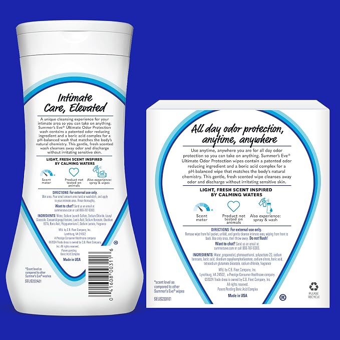 Summer's Eve Feminine Wash 15 Fl Oz & Wipes 12 ct Bundle with Boric Acid Complex, Clinically Tested pH Balanced Vaginal Odor Control