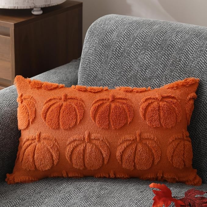 DFXSZ Fall Pillow Covers 12x20 2Pcs Orange Pumpkin Fall Decoration for Home | Fall decor Set of 2 Throw Pillow Cases Soft Plush Faux Fur Wool Couch Cushion for Chair Sofa Bedroom Living Room Home Decor