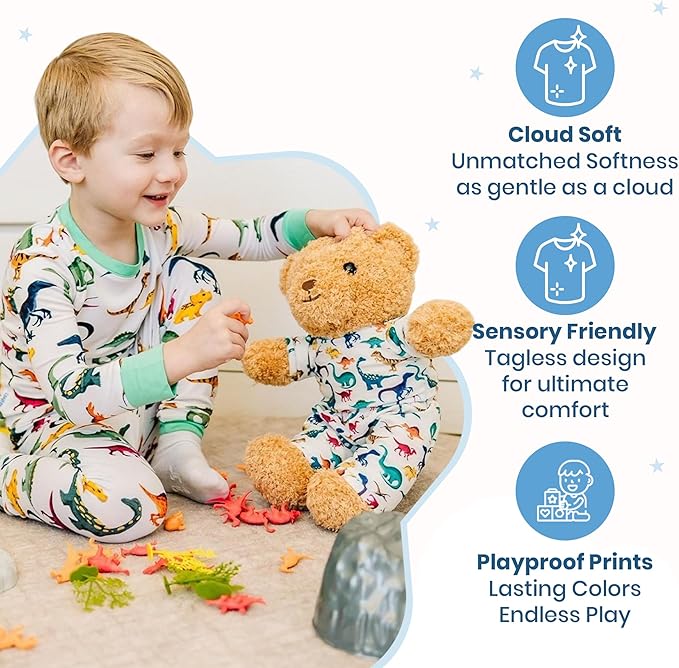 Zip N' Bear Soft Plush Teddy Bear Stuffed Animal with Dino Dreamers Pajamas - Zippy The Bear Cute Cuddly Plush Toy, Perfect Sensory Teddy for Kids, Toddlers - Adorable Gift & Bedtime Companion
