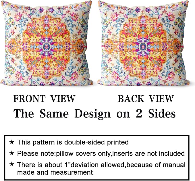 Snycler Orange Blue Ethnic Boho Pillow Covers 16x16 in Boho Carpet Cream Coral Floral Decorative Couch Pillow Cases with Zipper Set of 2 Home Decor for Living Room Bedroom Bed Cushion Outdoor
