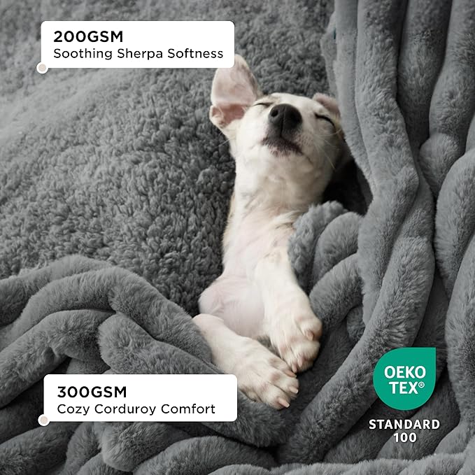 Bedsure ComfyFleece™ Waterproof Blanket for Bed - Soft Plush Dog Blankets for Large Dogs Corduroy Fleece Washable, Cozy Calming Reversible Furniture Protection for Pet Cat,86"x90", Queen, Warm Grey