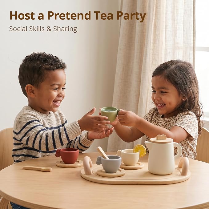 Youuys Wooden Tea Party Set for Toddler 3-5,Kids Tea Sets for Little Girls 4-6, 14pcs Silicone Kitchen Accessories, Pretend Play Montessori Toys with Tray for 3 4 5 6 Year Old Birthday