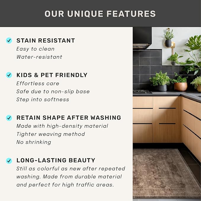 Brown Boho Washable Entry Rug, 3x4 Rugs for Entryway Kitchen Bathroom Door Mat Indoor Entrance, Non Slip Rubber Backing, Stain & Fade Resistant, Earthy Taupe Floral Design
