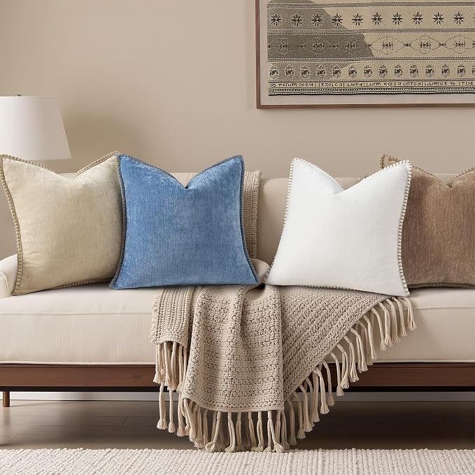 decorUhome Soft Chenille Throw Pillow Covers 26x26 Set of 2 Brown | Fall Textured Decorative Throw Pillow Cases Stitched Edge Modern Farmhouse Luxury Boho Velvet for Couch Sofa Bed Home Decor