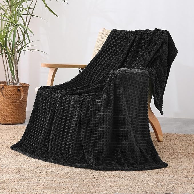 Puncuntex Fleece Throw Blanket Black 50"×60" with Square Grid Design | Super Soft Plush Cozy Flannel Throw Blanket Luxury for Couch Sofa Chair