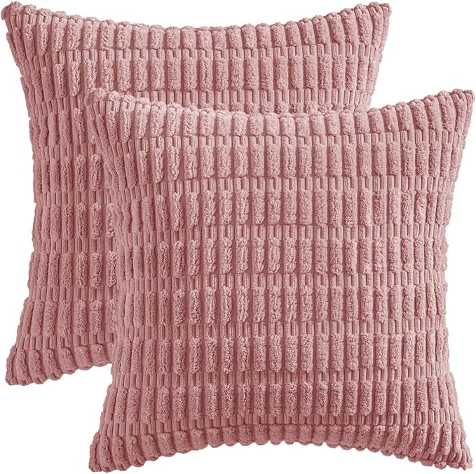 MIULEE Euro Sham Corduroy Decorative Throw Pillow Covers 24x24 Blush Pink | Pack of 2 Soft Boho Striped Pillow Covers Modern Farmhouse Home Decor For Sofa Living Room Couch Bed
