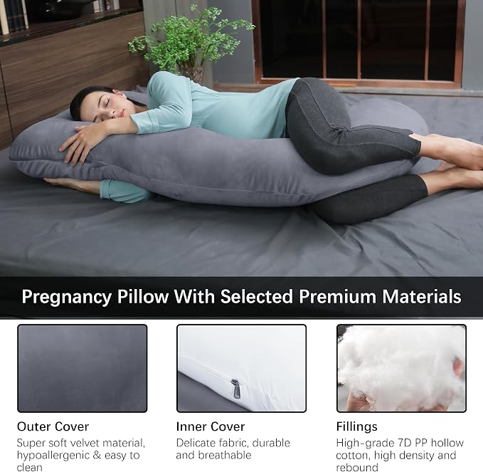 MOON PARK Pregnancy Pillows for Sleeping - U Shaped Full Body Maternity Pillow with Removable Cover - Support for Back, Legs, Belly, HIPS - 65 Inch - Dark Grey