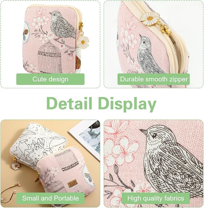 cobee 2PCS Sanitary Pad Storage Bag, Cute Sanitary Napkin Storage Purses Portable Period Bag with Daisy Zipper Panty Liner Tampon Menstrual Cup Nursing Pad Holder Pouch for Girls Women Travel(Bird)