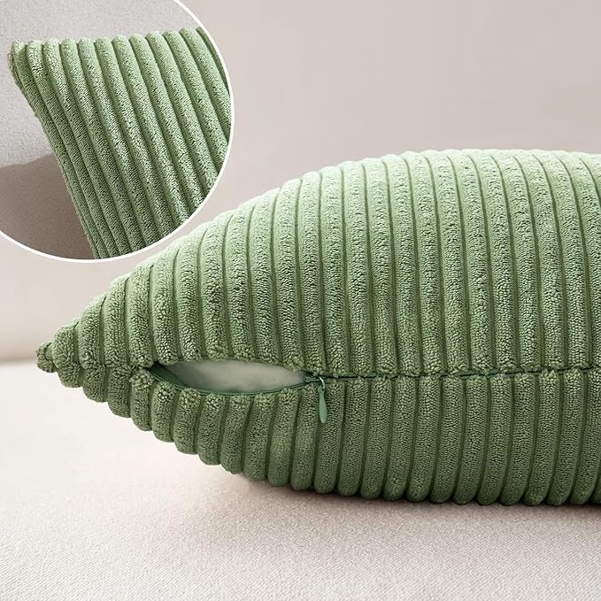 MIULEE Decorative Corduroy Throw Pillow Covers Set of 2 20x20 Sage Green | Soft Striped Textured Cushion Cases, Boho Natural Greenery Pillowcases for Home Decor, for Couch Chair Sofa Bed Living Room