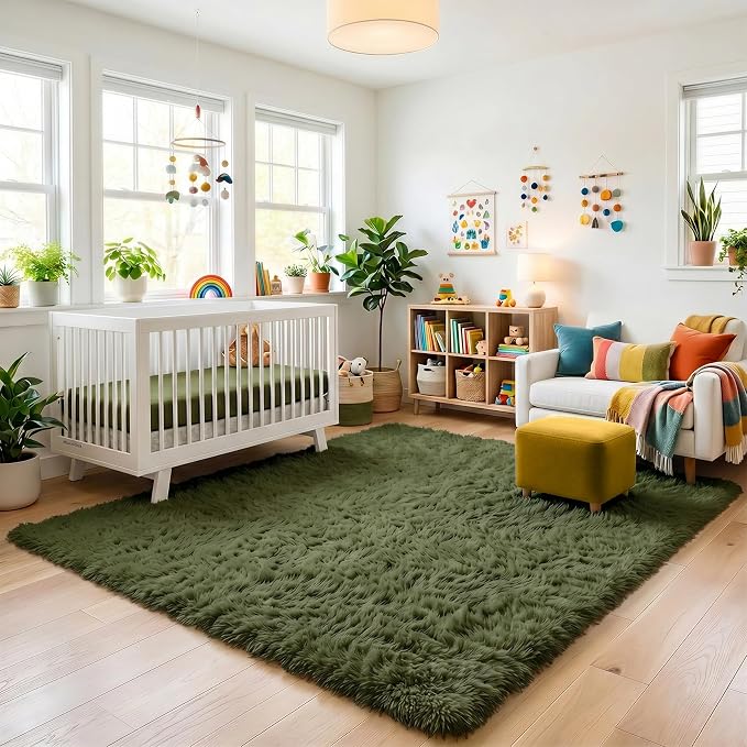 Amdrebio Olive Green Shag Plush Area Rug 4x6 for Bedroom Living Room Dorm | Fluffy Shaggy Fuzzy Soft Carpet, Nursery Office Classroom Reading Nook Decor, Vintage Rustic Farmhouse Aesthetic, Dark Green