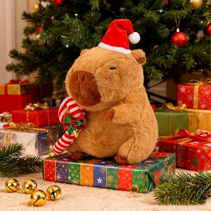 Christmas Capybara Stuffed Animal Plush, 10” Holiday Capybara Peluches with Santa Hat & Candy Cane, Cute Super Soft Funny Christmas Toy Gifts, Capybara Stuff Festive Decorations for Kids Boys Girls