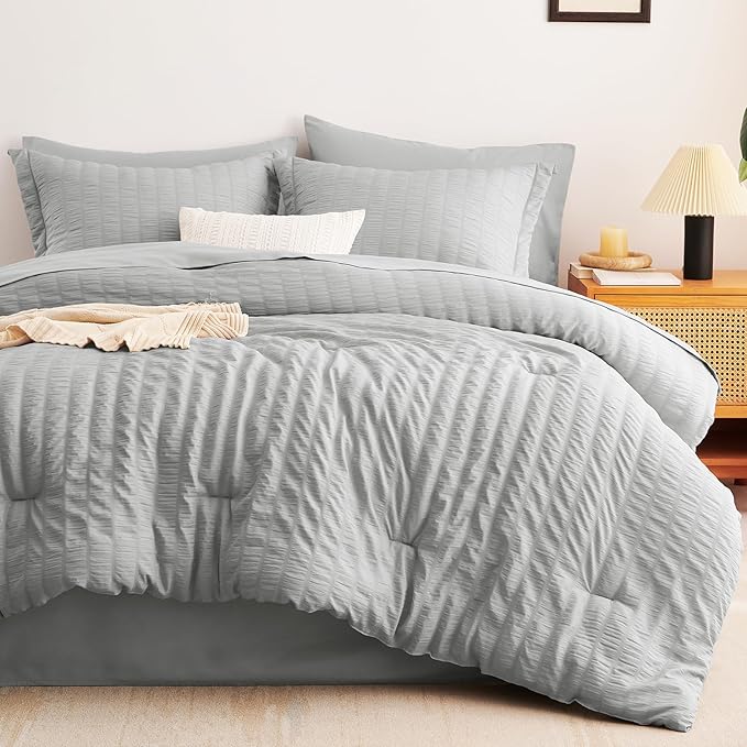 CozyLux Full Size Comforter Sets with Sheets 7 Pieces, Light Grey Seersucker Bed in a Bag Textured Luxury Soft Light Gray Bedding Set Down Alternative Comforter, Sheets, Pillowcases & Shams All Season
