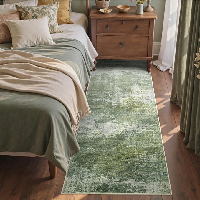 2x6 Ft Washable Runner Rug, Non-Slip Low Pile Hallway Kitchen Area Rug, Soft Long Entryway Floor Mat Abstract Pattern Carpet for Bedside & High-Traffic Areas (Green/White)