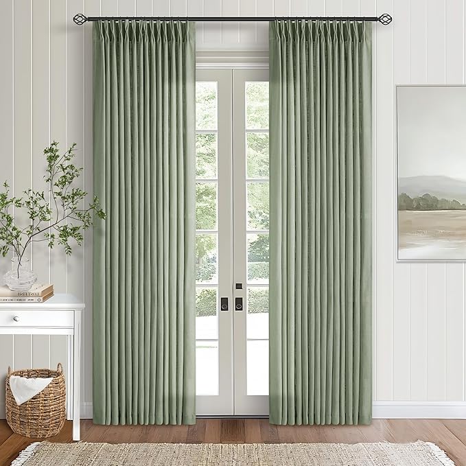 Sage Green Pinch Pleated Linen Light Filtering Curtains 80 Inches Long | Semi Sheer, 400GSM Thick Fabric, for Living Room Bedroom Window Sliding Glass Door, Pinch Pleat with Hooks Rings Back Tab