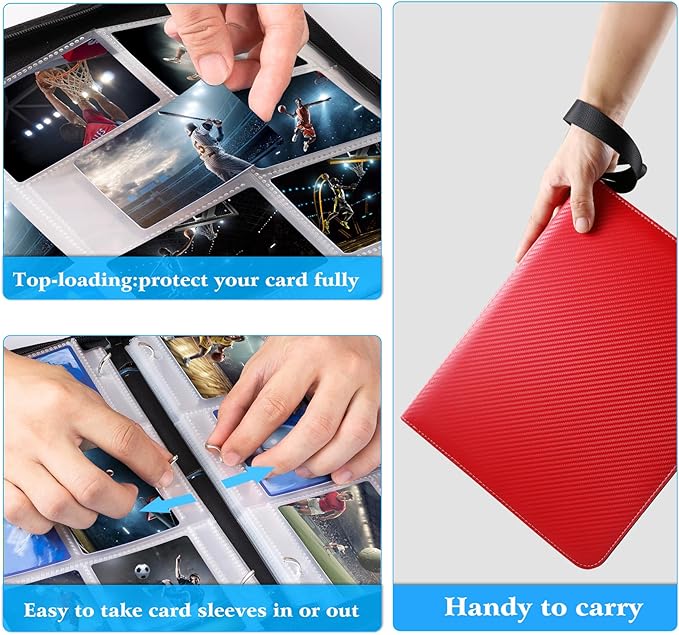 WOT I Trading Card Binder, 900 Pockets Baseball Card Binder Sleeves with Zipper, Double Sided Pockets Card Holder Carry Card Case for Baseball Card, Football Card(Red) WO-CB-9-7