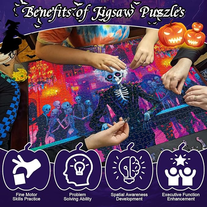 Puzzles 1000 Pieces for Adults,Horror Puzzles for Adults 2 Pack, Glow in The Dark - Skeleton Princess & Prince Jigsaw Puzzle, Spooky Night Scene Gift, 26.77x19.29 Inch