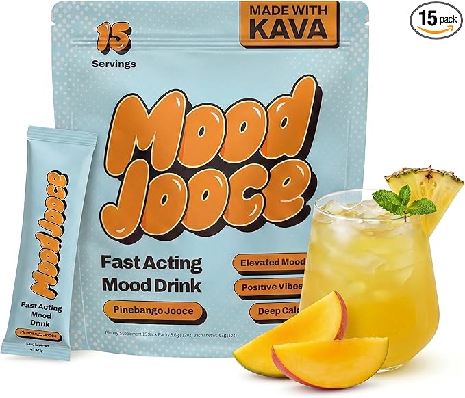 Mood Jooce Noble Kava Drink Mix - Cortisol Reducer with Kava Kava - Anxiety, Sleep & Mood Support Supplement - No Sugar - Vegan - Pineapple Mango Flavor - 15 On-the-Go Packets