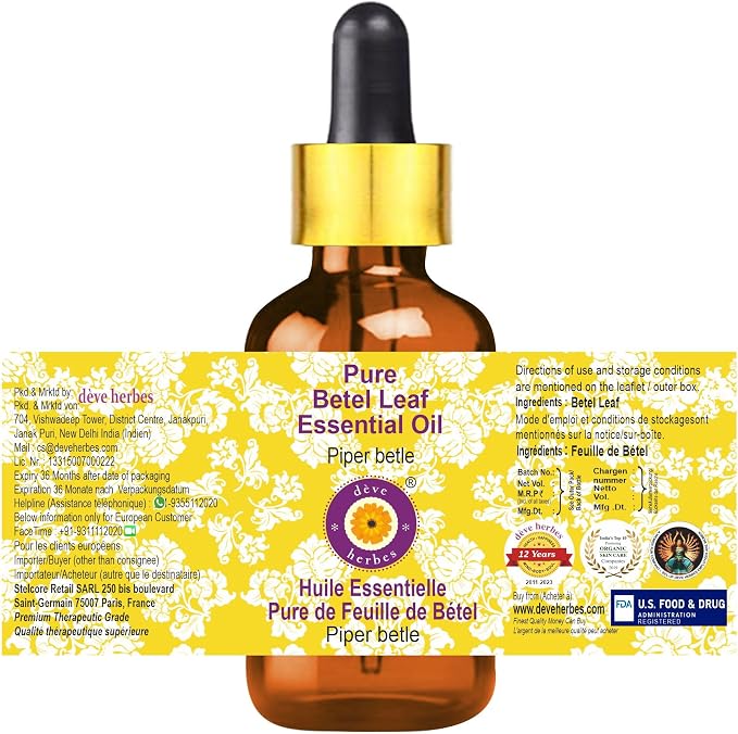 Deve Herbes Pure Betel Leaf Essential Oil (Piper betle) with Glass Dropper Steam Distilled (Pack of Two) 100ml X 2 (6.76 oz)