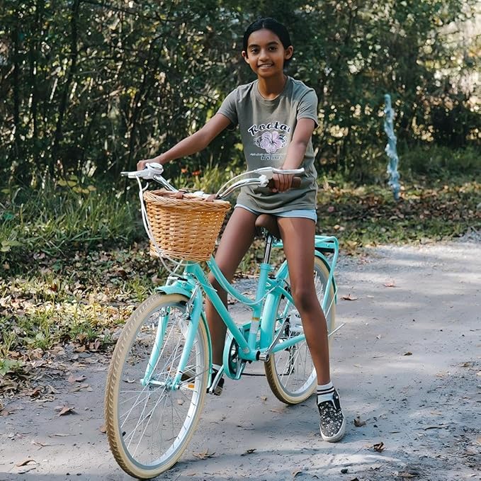 Glerc 20 24 26 Inch Beach Cruiser Bike, 6-Speed Hybrid City Bicycle for Girls Youth and Over 6 Years Old, Missy Bike with Wicker Basket & Lightweight, Multiple Colors