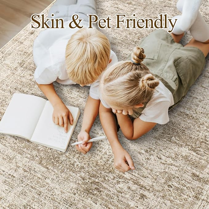 Soalmost Washable Area Rug 8x10 Large Soft Brown Rugs for Living Room | Vintage Non-Slip Carpet for Dining Bedroom, Stain Resistant Low Pile Foldable Lightweight Floor Mat Under Table Home Decor