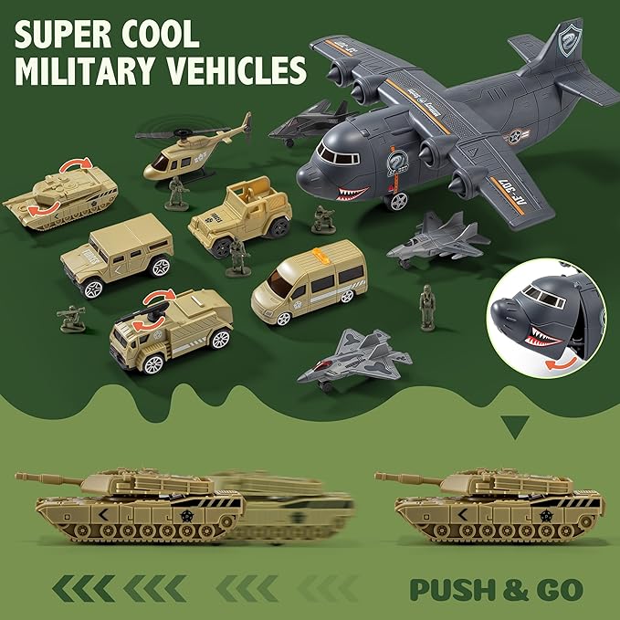 Military Base Toy Race Track Set with Airplane, Tanks, Cars, Helicopters, Fighter Jets, Army Men Action Figures and Play Mat, Army Vehicle Toys for Kids, Ideal Gift for Boys Girls