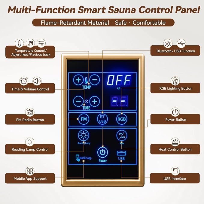 MNLR 3 Person Infrared Home Sauna, 59"x39"x67" Wood Dry Sauna with 2 LED Strips, Low EMF FAR 1500W/120V LCD Heater, Red Light Therapy, RGB Lights, WiFi, BT Speakers, Flame-Retardant Materials