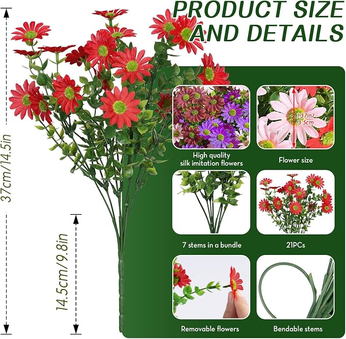 Alupssuc 20 Bundles Artificial Daisies Flowers Fake Plant for Indoor Outdoor Decor, Faux Spring Flowers for Garden, Porch & Patio Decoration,RedPurpleBrownPink