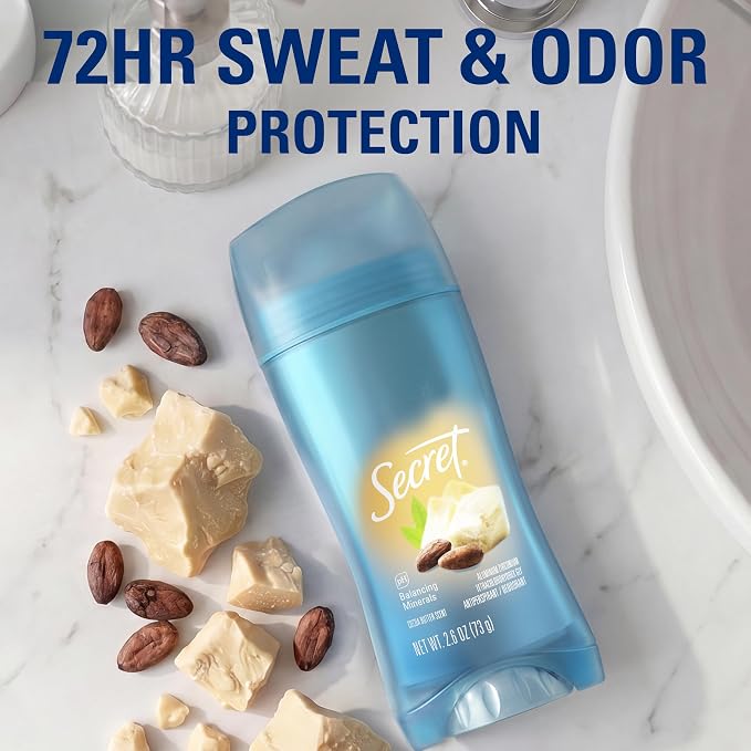 Secret Fresh Antiperspirant Deodorant for Women, 72hr Breathable Sweat & Odor Protection, Instant Freshness & Gentle, PH Balancing Minerals, Invisible Solid, Cocoa Butter Scent, 2.6 oz