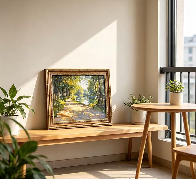 Vintage Gold Framed Canvas Wall Art Sunshine Forest Impressionist Landscape Painting Picture Wall Decor Spring Summer Green River Nature Scenery Poster Print Artwork for Living Room Bedroom
