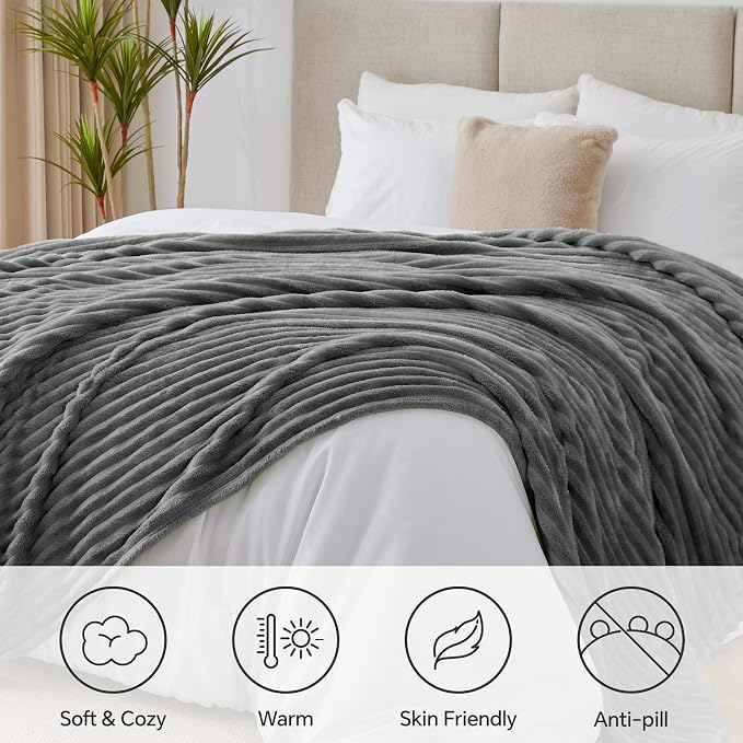 BEDELITE Ribbe Blankets Queen Size for Bed, Crey, 90"x90" | Ultra-Soft Plush Fleece, Warm Yet Lightweight, Ribbed Texture, Home Decor, Machine Washable, Giftable, All-Season Use
