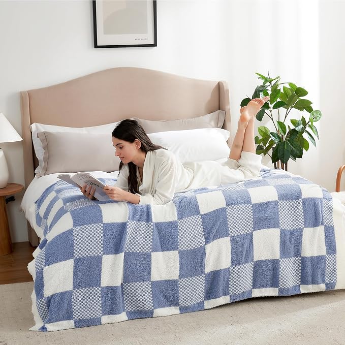Snuggle Sac Checkered Blanket, Blue Throw Blanket for Couch Checker Microfiber Fluffy Warm Fuzzy Cozy Soft Throw Blanket Reversible Checkered Blankets for Sofa, Chair, Bed, 60x80 inches