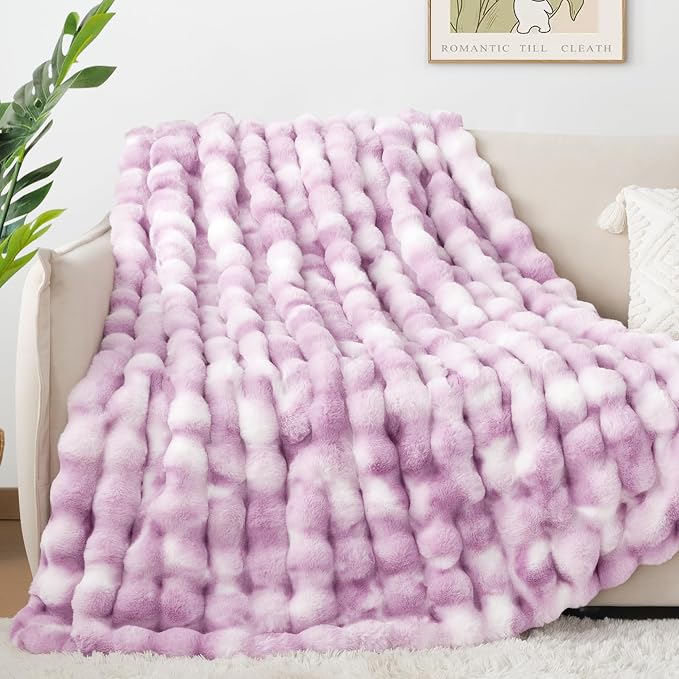 Luxury 1000GSM Faux Rabbit Fur Throw Blanket for Women, Super Heavy Warm Cozy Blankets for Couch Bed Sofa, Bubble Plush Fuzzy Soft Mink Blanket for Living Room Bedroom, Purple