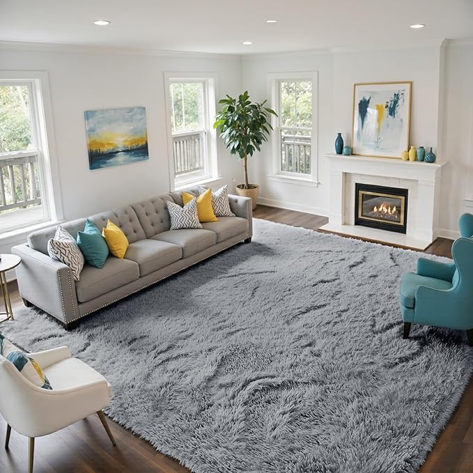 yongyangjuxin Fluffy Rug Shag Area Rug, Light Grey 10x14 Area Rugs for Bedroom, Super Soft Shag Rugs for Living Room Bedroom Room Home Decor, Upgrade Anti-Skid Rectangular Fuzzy Rug