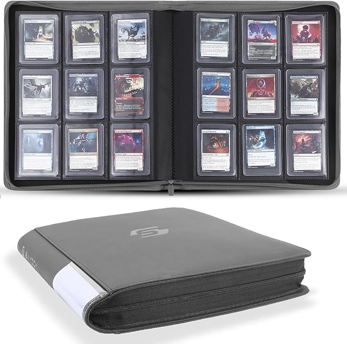 Snekdy Top loader Binder, 9 Pockets Top Loader，Holds 360 Top Loaders cards, Card binder with Sleeves for card in 3 x 4 inches color smooth Zipper PU Leather (Light Grey)