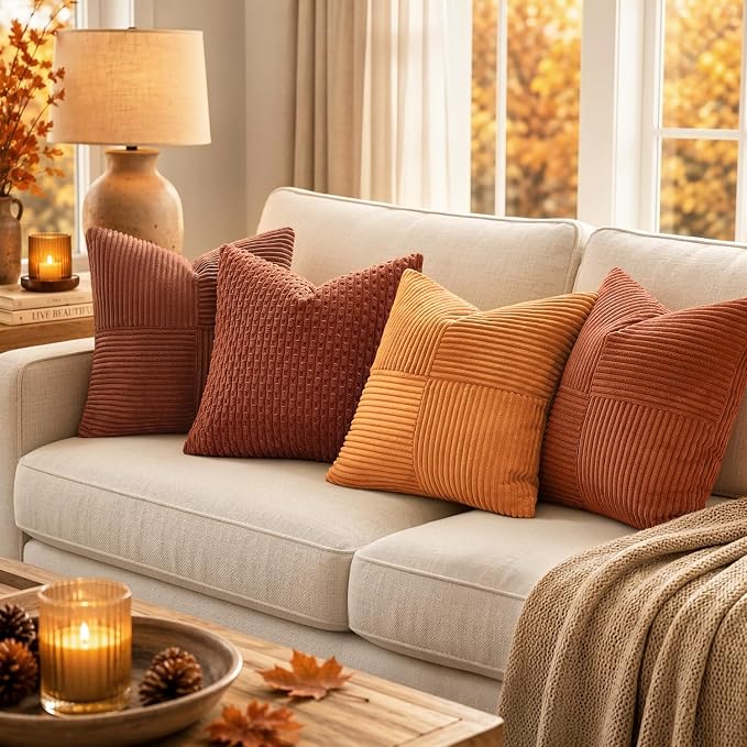 MIULEE Fall Burnt Orange Decorative Throw Pillow Covers for Couch 18x18 in | 2 Pack, Boho Farmhouse Pillow Covers, Soft Cross Corduroy Patchwork Textured Cushion Cases For Bed Sofa