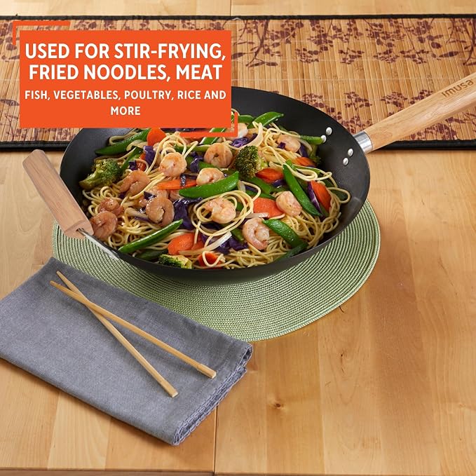 IMUSA 14 Inch Carbon Steel Nonstick Wok with Wood Handles, Black | Heats Quickly, Great for Healthy Family Meals