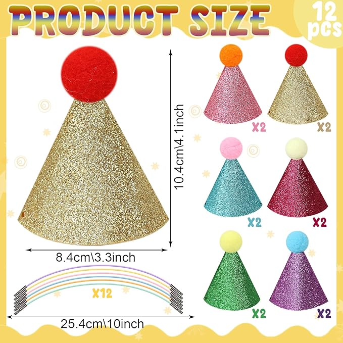 12 Pack Mini Party Hats for Stuffed Animals, Gittter Sequin Mini Hats for Plush Toy Dolls Dog Cat Puppies Birthday Party Decorations - No Assembly Required
