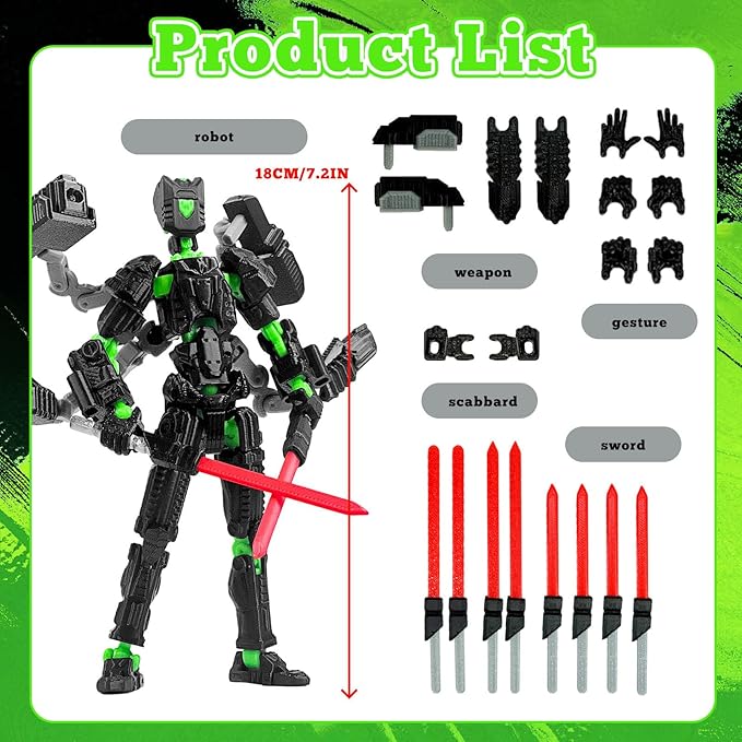 Assembly Completed T13 Action Figure，T13 mision 13 figuras originales 3D Printed Toys Nova 13 Action Figures Desktop Decorations for Game Lovers Toy (Black Green, 8 Inch)